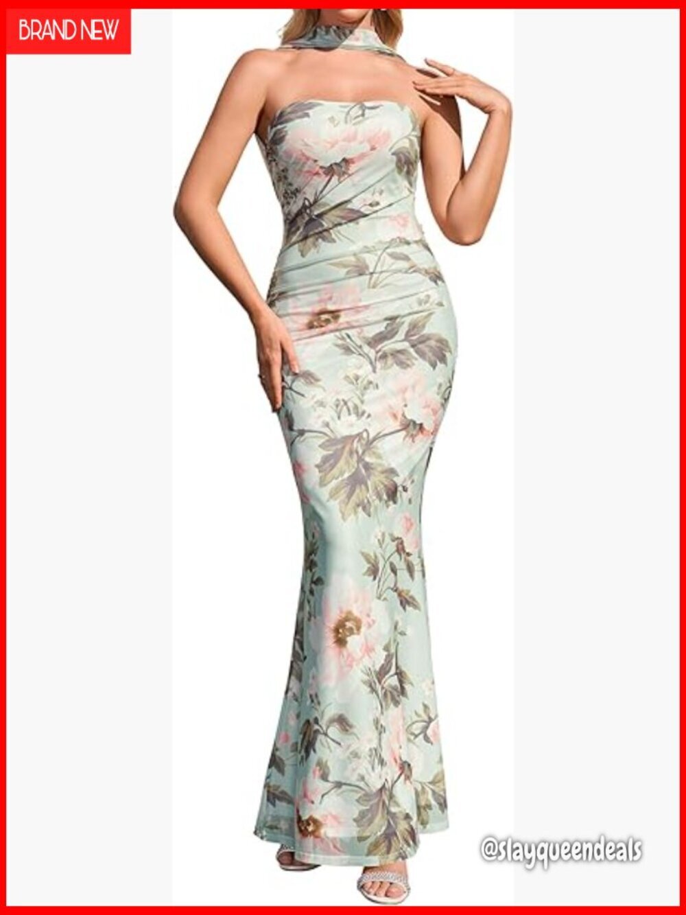 Halter Maxi Dress Formal Mesh Ruched Bodycon Cocktail Wedding Guest